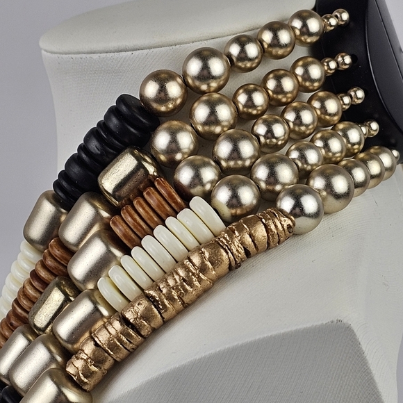 Statement Multistrand Beaded Necklace Black Brown Cream Gold Tone Magnetic Clasp - Picture 5 of 13